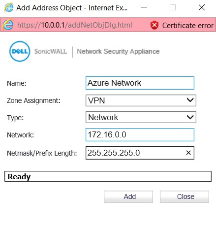 Microsoft Azure Site-to-Site VPN with SonicWALL OS
