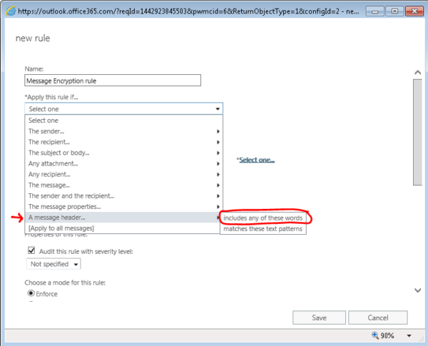 Message encryption policy for Exchange Online (OME)