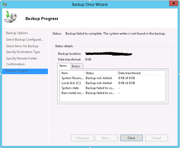System Image Error: The system writer is not found in the backup – Windows Server Backup