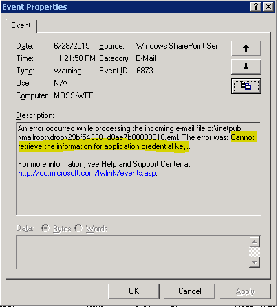 Cannot retrieve the information for application credential key on incoming email in SharePoint