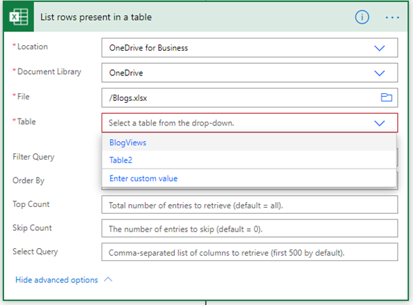 Power Automate to List and Update Online Excel Table Rows