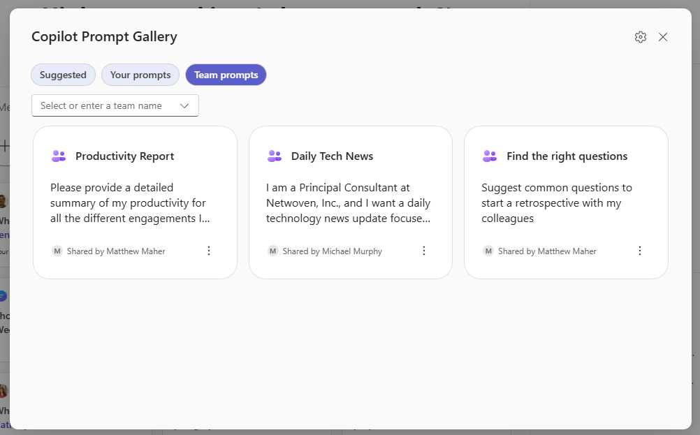 Copilot Prompt Gallery interface showcasing team-shared prompts for productivity, daily tech updates, and collaborative retrospectives.