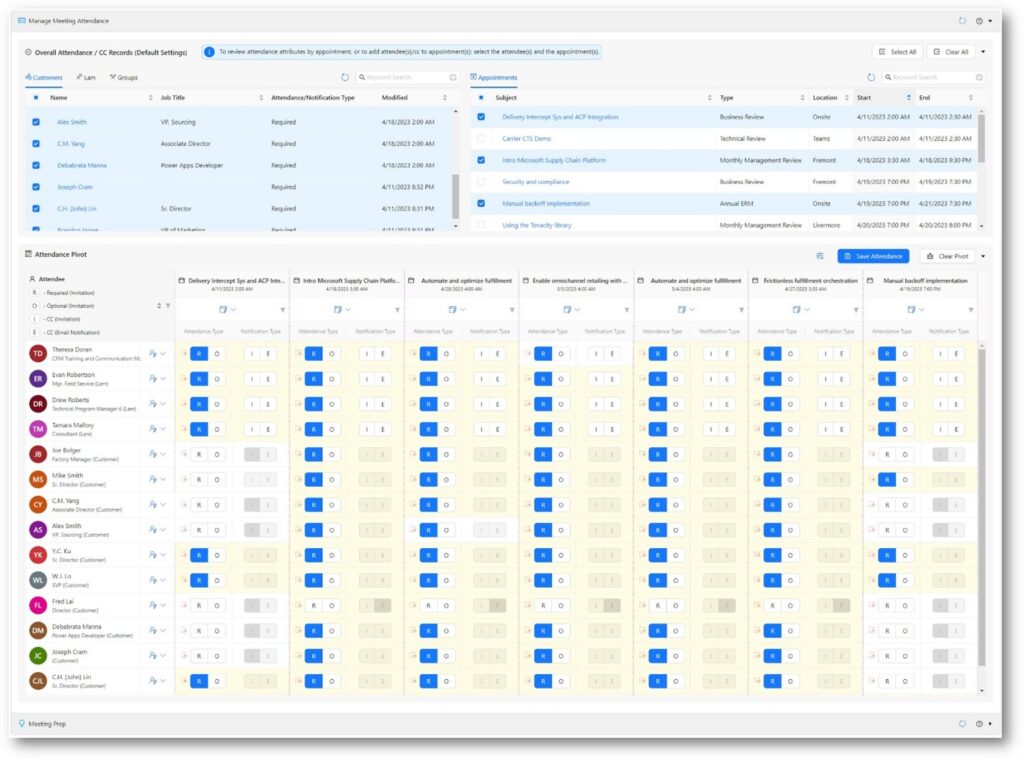 Dual selection grids for managing attendees and appointments across meeting plans