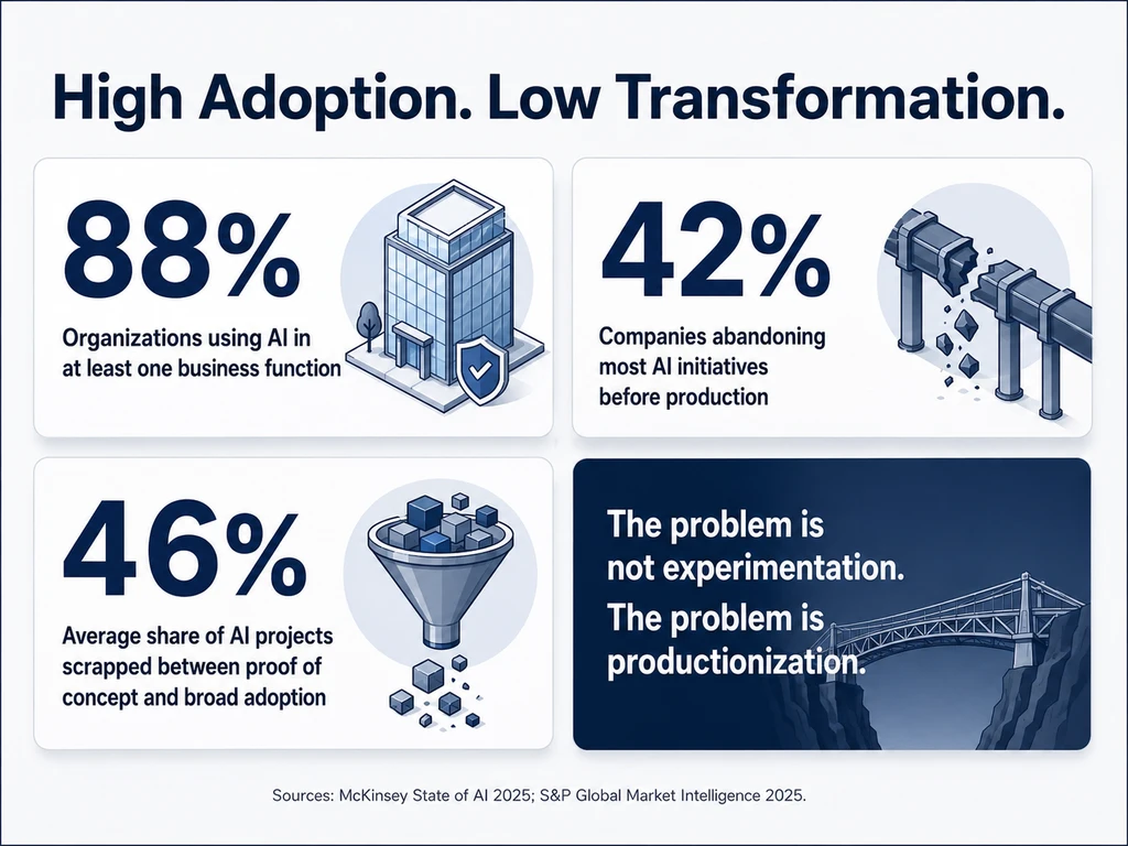 Enterprise AI adoption infographic showing 88% AI usage, 42% abandoning most AI initiatives before production, and an average 46% of projects scrapped between POC and broad adoption
